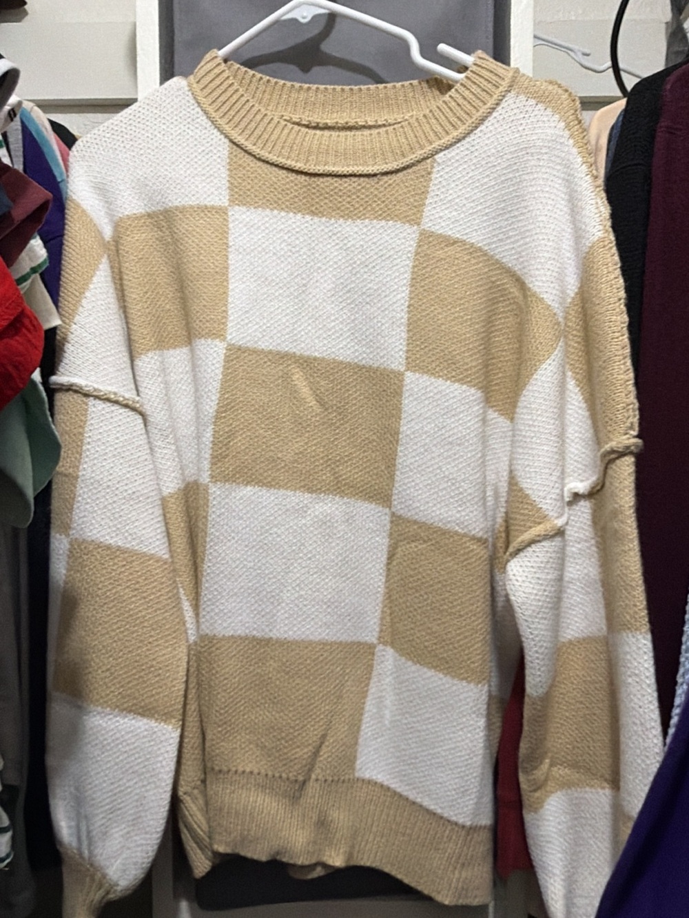 Beige and White Checker Knit Sweater - Women's Sweater